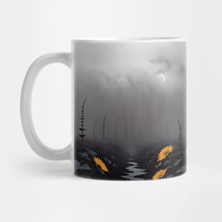 Field of yellow flowers in a misty meadow Mug